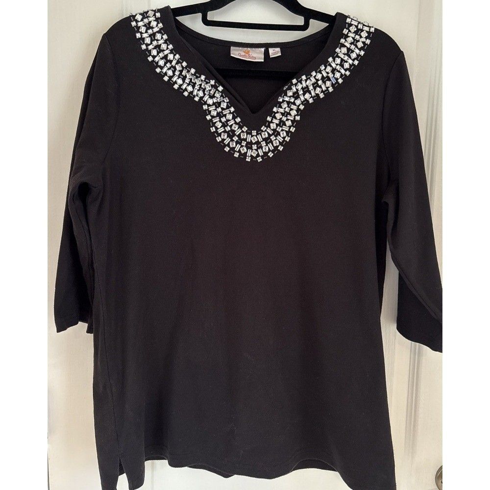 Quacker Factory Jeanne Bice Wearable Art to Wear Sparkly Shirt Top 3/4 Sleeve XL
